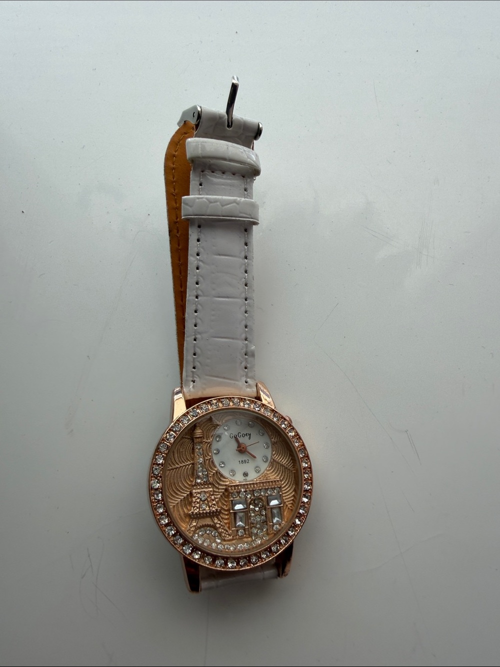 White Strap Gold-Tone Crystal Accent Fashion Watch